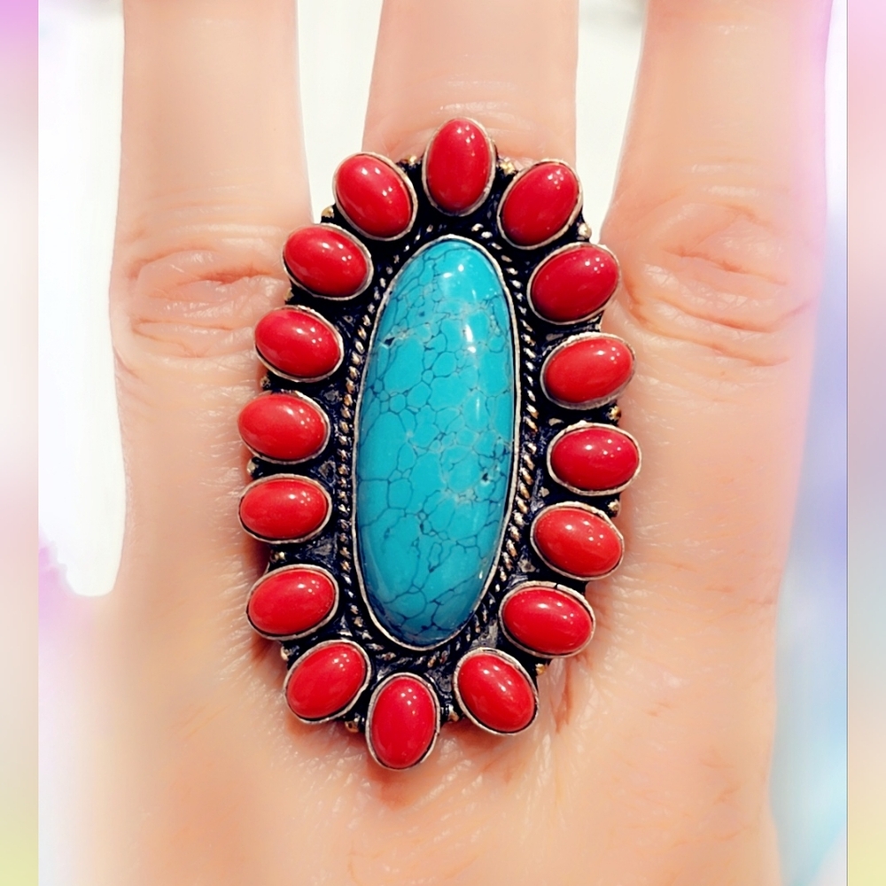 Coral & Turquoise Sterling Gemstone Ring